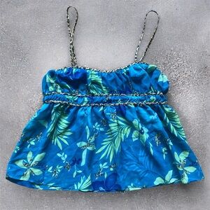 Secret Treasures Blue Green floral babydoll tank top leopard print straps